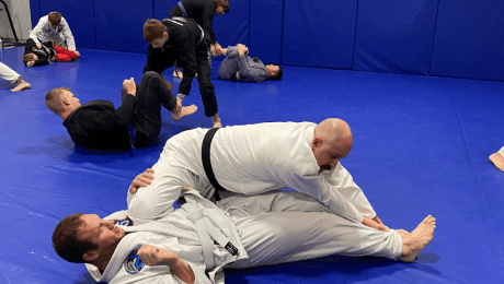 Adults practicing Brazilian Jiu-Jitsu in a dojo, showcasing training and techniques in adult Brazilian Jiu-Jitsu classes.