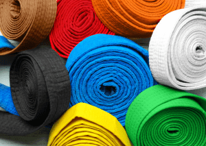 Rolled up martial arts belts in various colors including black, blue, white, red, orange, yellow, brown, and green.