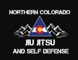 Logo of Northern Colorado Jiu Jitsu and Self-Defense with Colorado flag design within a triangle and mountain background.