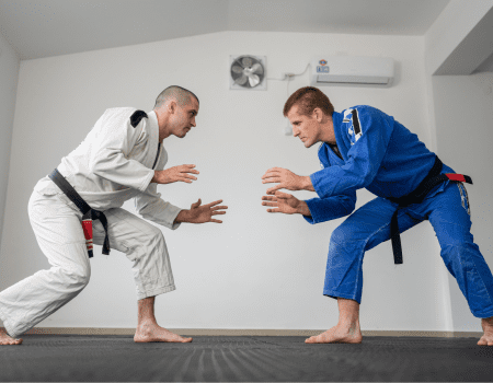 Two BJJ practitioners in a standing face-off, demonstrating ready stances and BJJ positions during training.